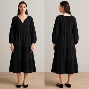 Saks Fifth Avenue Women’s XS Black Cotton Tiered Midi Dress Boho Puff Sleeve